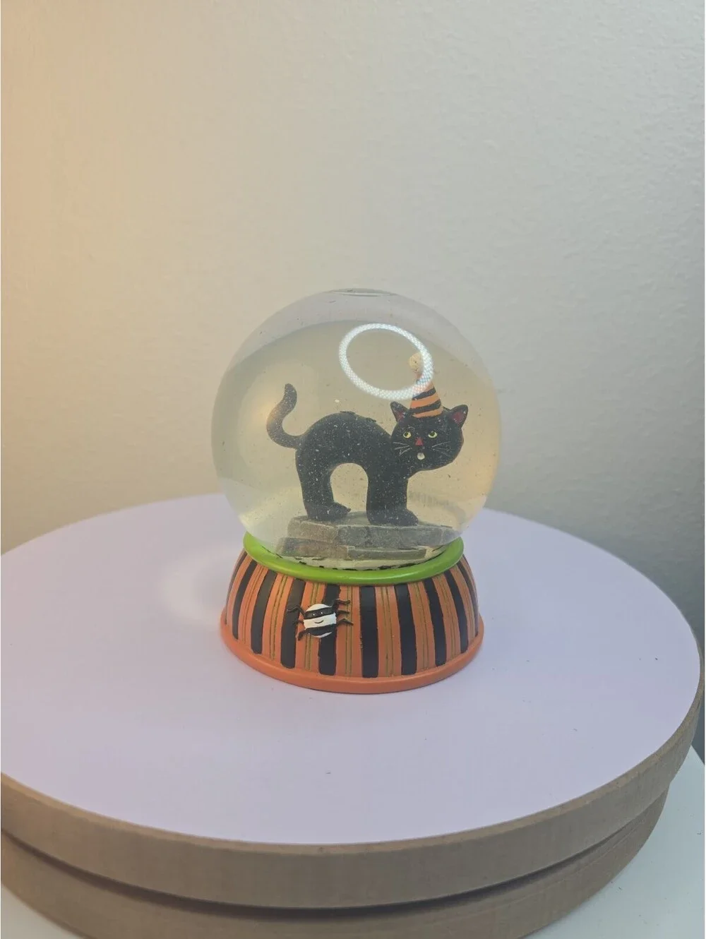 Vintage Halloween Black Cat Snow Globe Water Globe Party Hat Striped Spider Base